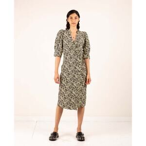 GANNI Womens Size EU 40 (US 8/10) Phantom Yellow Printed Crepe Wrap Midi Dress